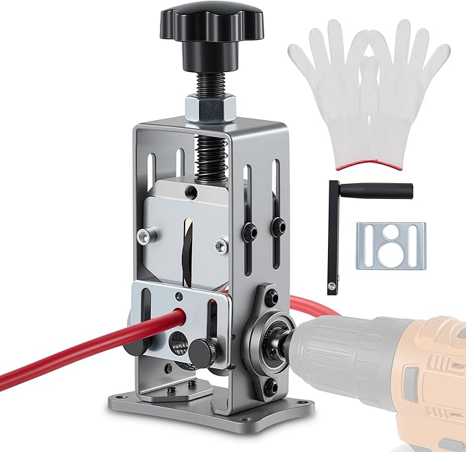 CREWORKS Manual Wire Stripper Machine, 0.06"-1" Wire Stripping Machine, Drill Compatible Copper Wire Stripper for Scrap Wire with 2 Feed Hole Plates, Wire Stripper Tool for Cable Recycling, Gray