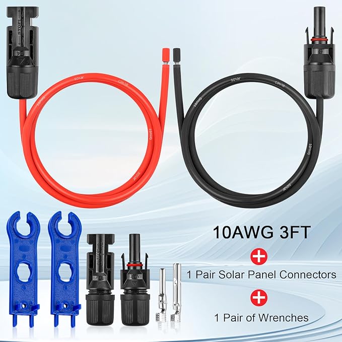 10AWG Solar Extension Panel Cable - 3FT Solar Wire with Waterproof Female and Male Connector and Solar Panel Adaptor Kit Tool PV Wire for RV, Home, Boat, Solar Panels(3feet Red + 3feet Black)