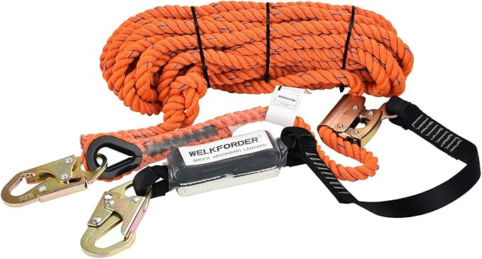 50FT Vertical Lifeline Assemble Three Strand Rope Fall Protection with Rope Grab Snap Hooks Shock Absorber Fall Protection Safety Equipment ANSI Compliant