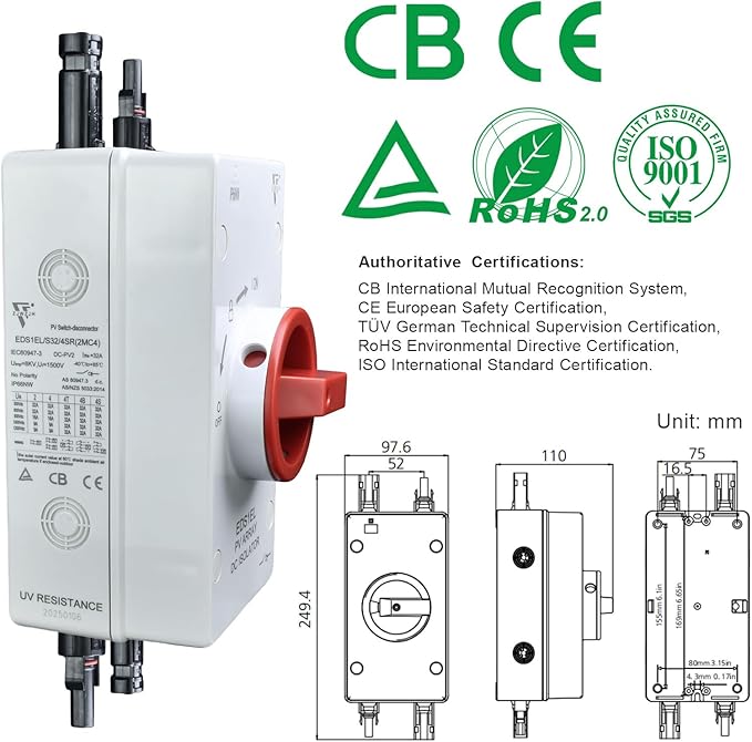 Solar Disconnect Switch DC1500V 32Amp 4-Pole 1-in 1-Out Solar Isolator Switch Solar Panels Disconnect with Waterproof IP66 Enclosure for Rooftop Solar Systems, RVs and Boat