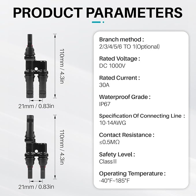 Solar Panel Connector 5 Pair 2 to 1 T Branch Parallel Adapter, 30A 1000V 10AWG Tool-Free IP68 Waterproof Cable for Solar Panels (T Branch, 2to1(5Pairs))