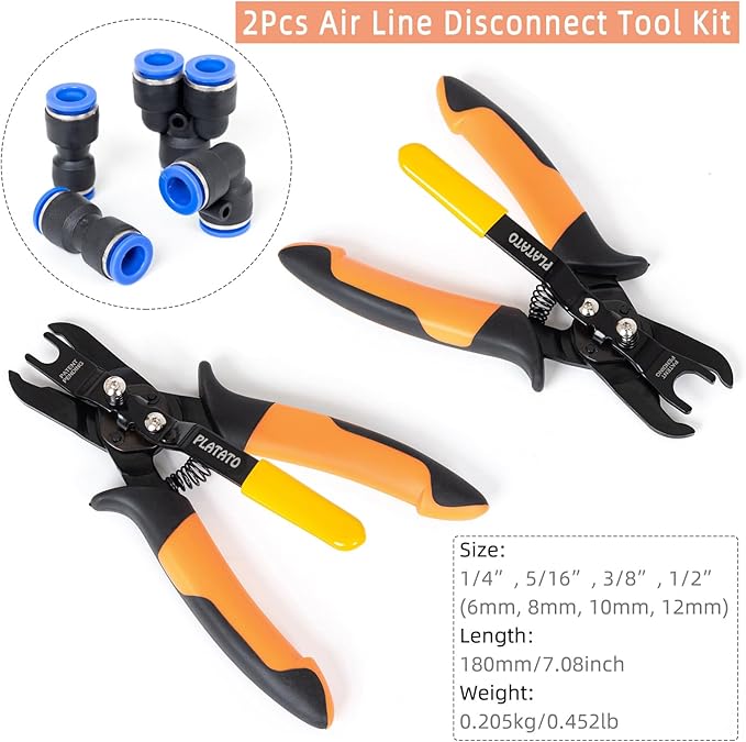 Push to Connect Fittings Air Line Disconnect Tool Kit Push Fitting Removal Tool for 1/4”, 5/16”, 3/8”, 1/2” (6mm, 8mm,10mm,12mm) Quick Connect Release Pliers with 15 Pcs Pneumatic Fittings