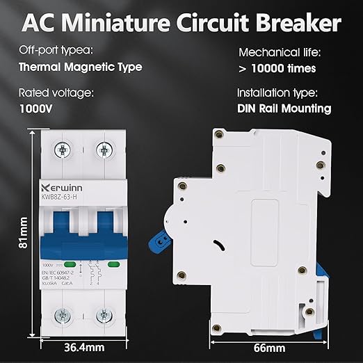 Miniature Circuit Breaker 1000V DC Circuit Breaker 2 Pole 10Amp Smart Circuit Breaker,DC Disconnect Switch DIN Rail Mount for Marine Power Systems, Solar photovoltaic Systems (C10A)