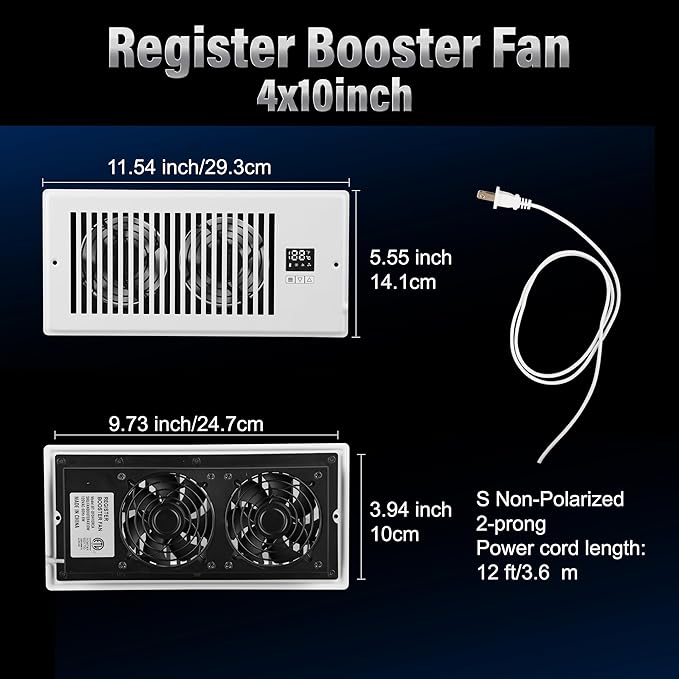 Xcity Quiet Register Booster Fan, Intelligent 4"x10" Vents, 10-speed, Air Vent Fan with Remote Control & Thermostat, Smart LED Display Ideal for HVAC, Integrated Heating & Cooling, White