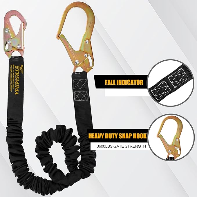 TRSMIMA Safety Harness Lanyard Retractable - Fall Protection Climbing Tree Strap 6 FT Single Leg Internal Shock Absorbing with Hook