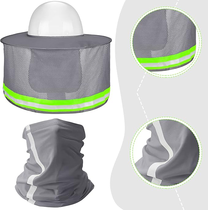 SATINIOR 3 Pcs Sun Hard Hat Neck Protection High Visibility Full Brim Mesh Sun Protection Bandana Headband Arm Sleeves with Reflective Strap for Construction Helmet Hard Hat(Gray)