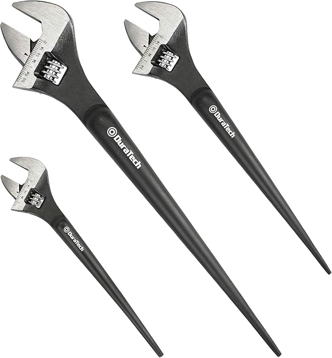 DURATECH 3-Piece Adjustable Construction Spud Wrench Set, 8-inch, 10-inch, 12-inch, Black Oxide Finish, CR-V Steel, SAE and Metric Scale Marked, Alignment Holes and Tail Crowbar Features