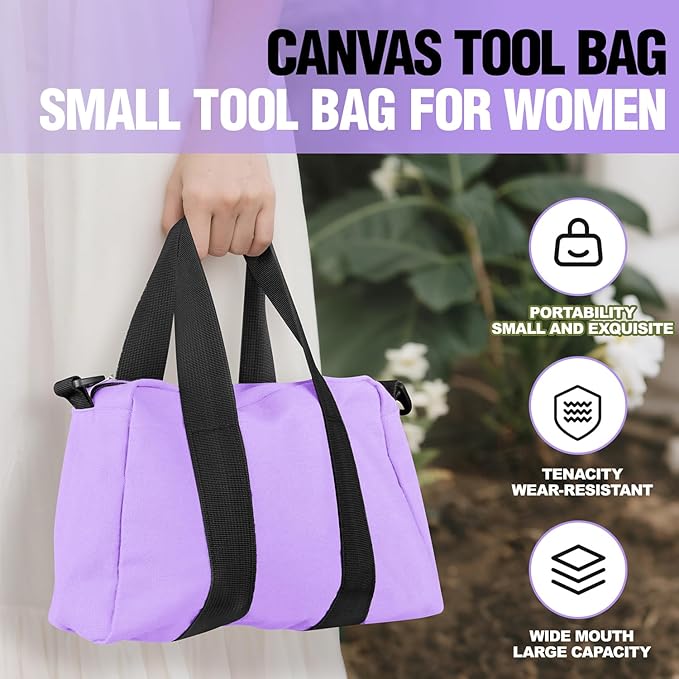 Small Tool Bag, Canvas Tool Storage Bag, Large Capacity Multipurpose Zipper Soft Tote Organizer Pouch for Electrician, Plumbing, Gardening,Tools Bags for Men (Purple, 12 Inch)