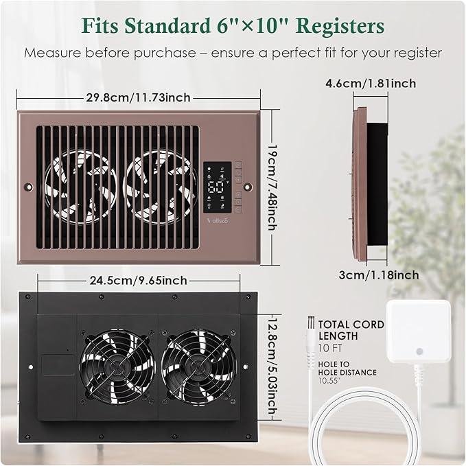 Register Booster Fan 6" x 10" with Negative Ion, Manual Airflow Direction Control, Quiet 10-Speed Heating Cooling AC Vent Fan with Remote & Thermostat Control for Wall Floor, Bronze