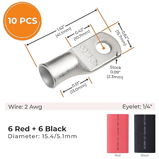 SELTERM 10pcs - 2 Awg - 1/4" Stud - Battery Lugs - Ring Terminal Connectors | with 12pcs 3:1 Black & Red Heat Shrink Tubing with Adhesive | Heavy Duty Battery Cable Ends - Tinned Copper Wire Lugs Kit