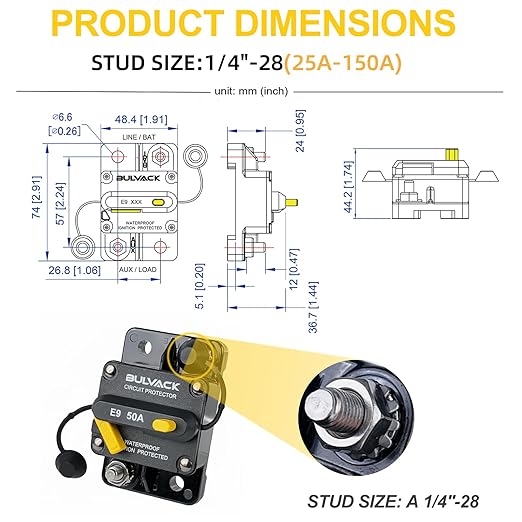E9 1/4" Studs 50 Amp Circuit Breaker with Manual Reset | Waterproof IP67 Protection | 12V - 72V DC 50A Switchable for Marine Boat Trolling Motor Automotive RV Trailer Car Solar System Battery
