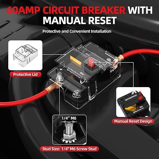 60 Amp Circuit Breaker with Manual Reset Switch, Waterproof DC 12V-48V Inline Fuse Replacement for Trolling Motor, Boat, Marine, RV, ATV, Solar, Car Audio Systems