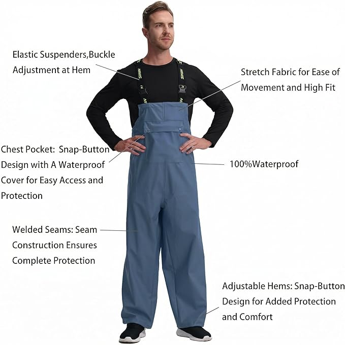 Men's Waterproof Workwear Bib Overalls - Heavy Duty Stretchable Rain Bibs for Fishing & Outdoor Work