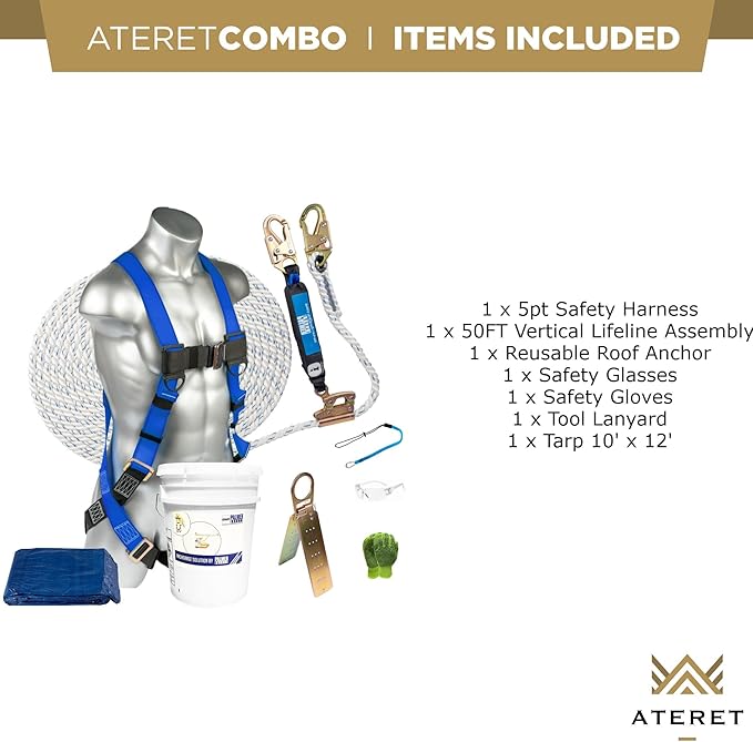 Palmer Safety Fall Protection Roofing Bucket Kit I Full-Body Harness, 50' Vertical Rope & Anchor Set I Safety Harness Kit