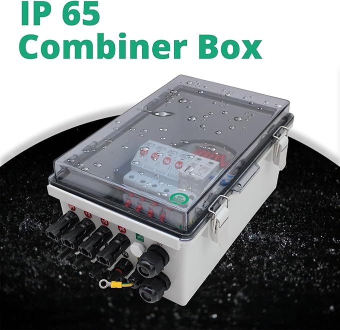 4 String PV Combiner Box, Solar Combiner Box with Lightning Arreste, 15A Rated Current Fuse and Circuit Breaker, Waterproof Combiner Box for On/Off Grid Solar System(Transparent, with Lock)