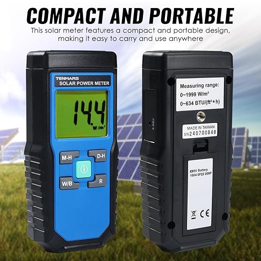 Solar Power Meter, Handheld Solar Irradiance Meter Solar Energy Meter, Digital Solar Power Meter with 2000 W/m2, 634 BTU / (ft2 · h) Measuring Range and MAX/MIN/Data Hold Function