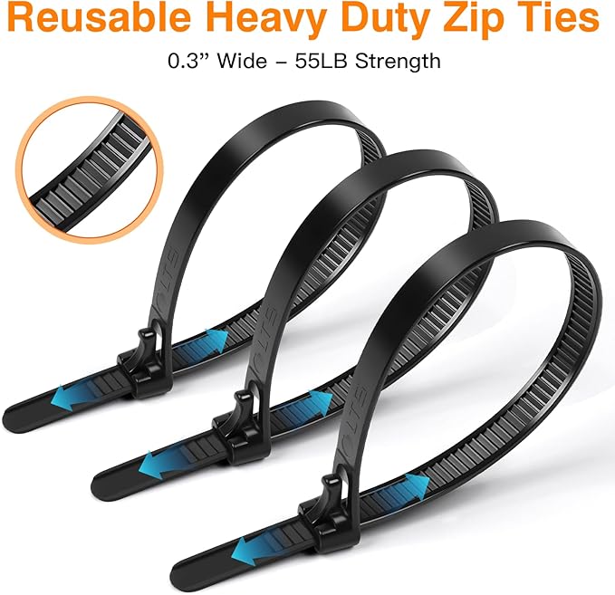 Zip Ties ZLGBVEX 8 Inch Reusable Heavy Duty Zip Ties 0.3 Inch Wide 55LB Tensile Strength 100 Pcs Black UV Resistant Cable Ties for Indoor Outdoor Use