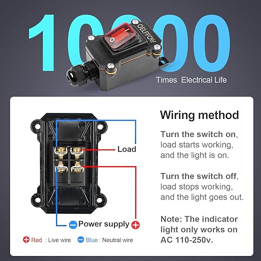 Waterproof On Off Toggle Switch with Red Light Rocker Button Inline Cord Switch DPST AC/DC 20A-125V,16A-250V,30A-24V,35A-12V, IP66