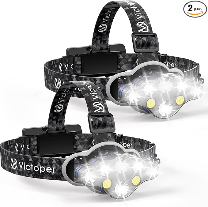 Victoper Rechargeable Headlamp 2 Pack, 8 LED High Lumen Bright Head Lamp with Red Light, Lightweight USB Head Light, 8 Mode Waterproof Head Flashlight for Outdoor Running Hunting Camping Gear, Black