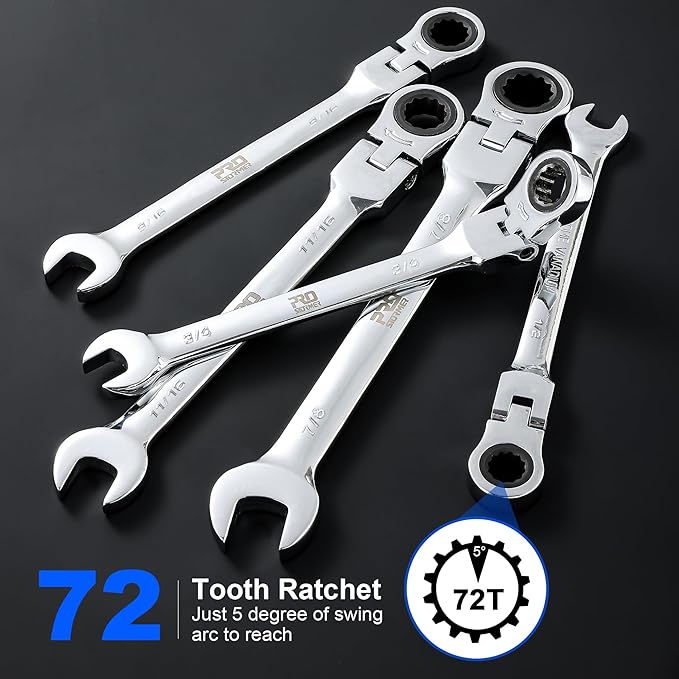 Prostormer 14-Piece SAE Flex-Head Ratcheting Wrench Set, 1/4" to 1" Combination Wrench Kit with Storage Case, 72 Tooth, Cr-V Steel Constructed