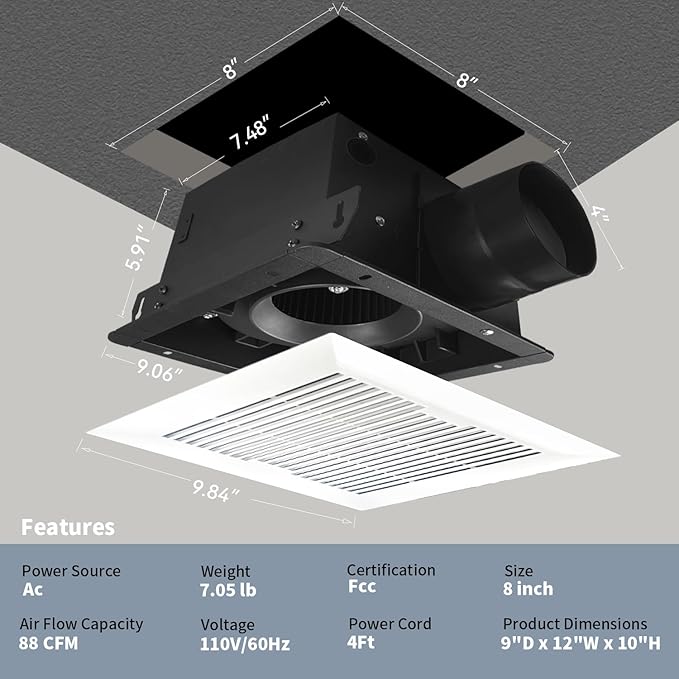 Bathroom Exhaust and Ventilation Fan 88CFM, Ultra-quiet Bath Fan Ceiling Mount Exhaust Fan 1.2Sones Household Bathroom Vent Exhaust Fan