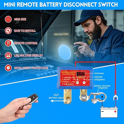 Battery Kill Switch for Car - Remote Battery Disconnect Switch 12V/24V 140A with LED Voltage Display | Anti-Theft & Battery Drain Protection | Compact Design for Vehicles Battery Up to 100AH