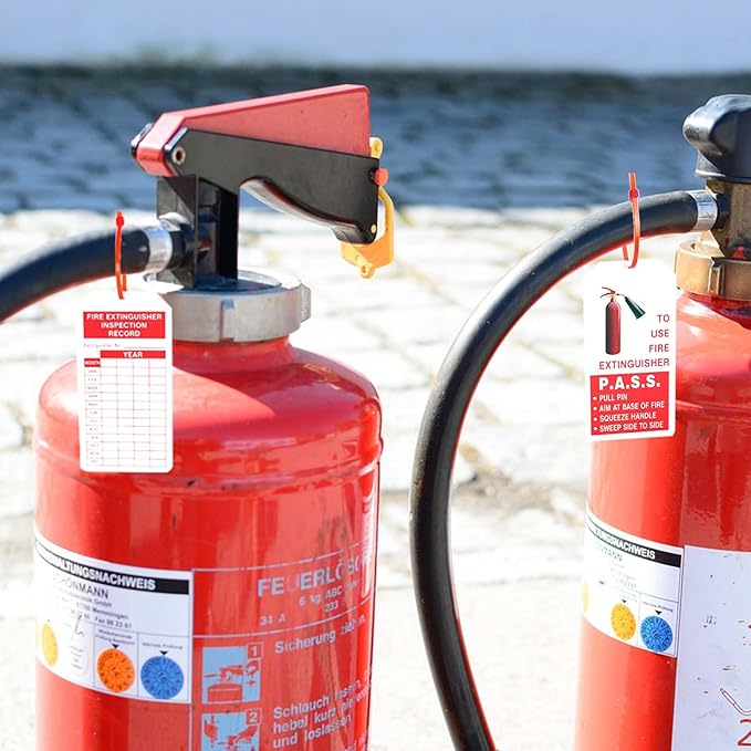 Fire Extinguisher Tags with Adjustable Wire Ties Fire Extinguisher Recharge and Inspection Record for Indoor Outdoor Fire Extinguishers, 4.2 x 2.1 Inch 50sets