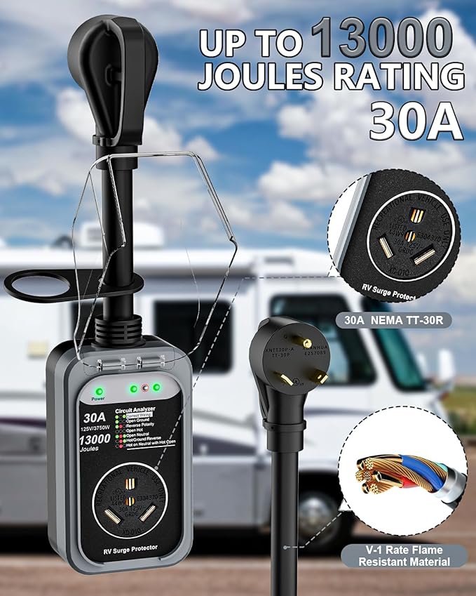 RV Surge Protector 30 Amp, 13000 Joules RV Circuit Analyzer with Waterproof Cover,RV Adapter Plug for Camper Travel Trailers (30AMP-Grey)