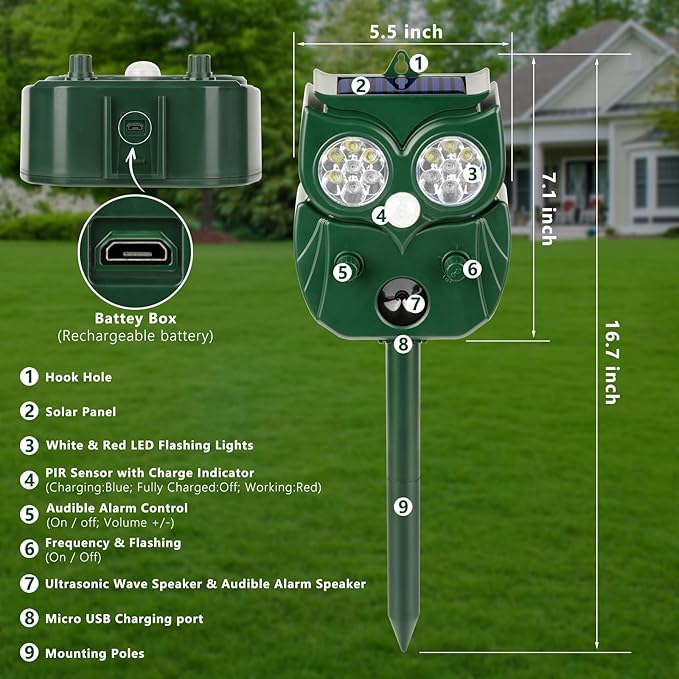 2 Pack 2026 Ultrasonic Animal Repellent Outdoor Deer Repellent Devices Solar Animal Repeller Motion Activated Deterrent to Scare Cat Squirrel Rabbit Raccoon Skunk with LED Flash Lights for Yard Lawns