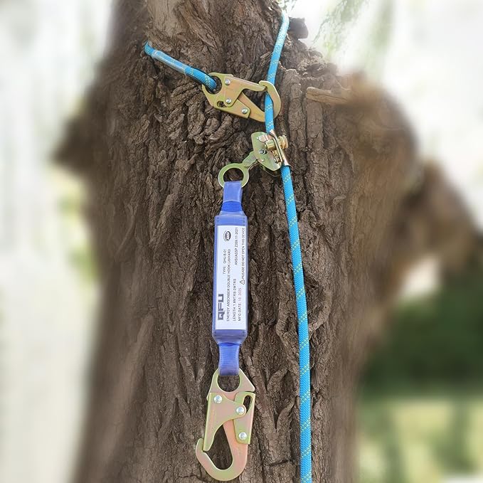 Heavy Duty Fall Protection Rope for roof & tree climbing. Includes safety harness, alloy steel clips, shock-absorbing lanyard