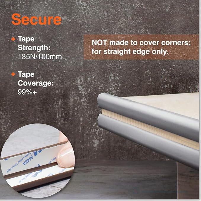 Roving Cove Slimfit Edge Protector for Baby Proofing (9ft Small Edges Only), Soft Rubber Foam Furniture Safety Bumper Guard, Desk Cushion, 3M Adhesive, Stone Grey