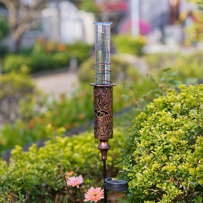 Rain Gauge Outdoor, Hollow Out Hummingbird Solar Rain Gauge, 7 Inch Tube Rain Measure Gauge with Stake, Decorative Metal Rain Measure Tool for Yard, Lawn Ornaments