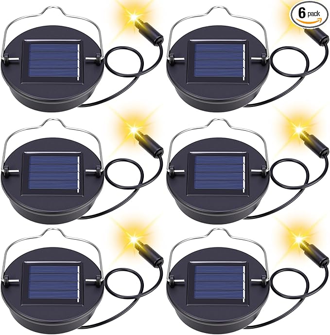 Kingdder 6 Pack Solar Light Replacement Top, 3 Inch Solar Lantern Replacement Lid with 600mah Rechargeable Battery, Waterproof Hanging Lamp Parts for Outdoor Patio Garden (Warm Yellow Light)