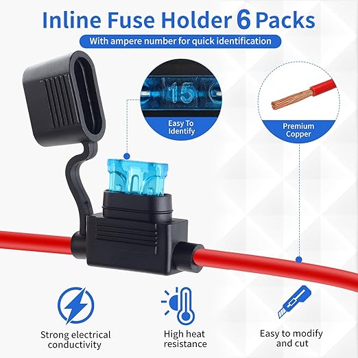 6 Pack Inline Fuse Holder 12V, Upgraded 12 AWG Waterproof Fuse Holder with 66 Pcs Standard Car Fuses (2A/3A/5A/7.5A/10A/15A/20A/25A/30A/35A/40A), YNZDRWA in Line Fuses Holders 12v for Marine Auto