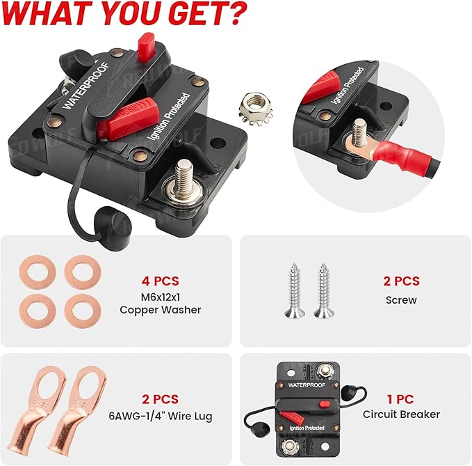 RED WOLF 70A Car Circuit Breaker w/Manual Reset Switch Inline Fuse Holder Inverter for Motor Trolling Vehicles Audio Radio Solar System Protection 12V-48V DC with Wire Lugs Copper Washer Screws
