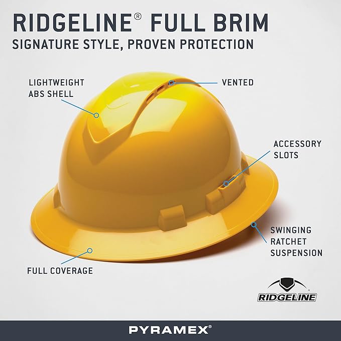 Pyramex Ridgeline Full Brim Vented Hard Hat 4 Point Ratchet Suspension