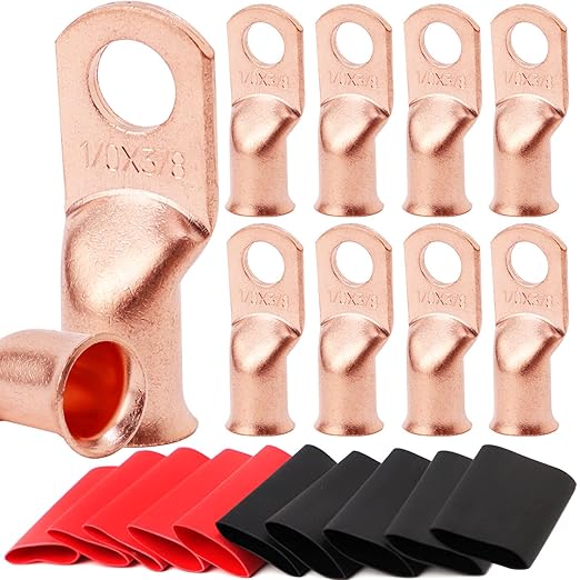 TKDMR 10pcs 1/0 AWG-3/8 Battery Lugs,Heavy Duty Wire Lugs,Ring Terminals,Battery Cable Ends,0 Guage terminals,Battery Terminal Connectors with 10pcs 3:1 Heat Shrink Tubing
