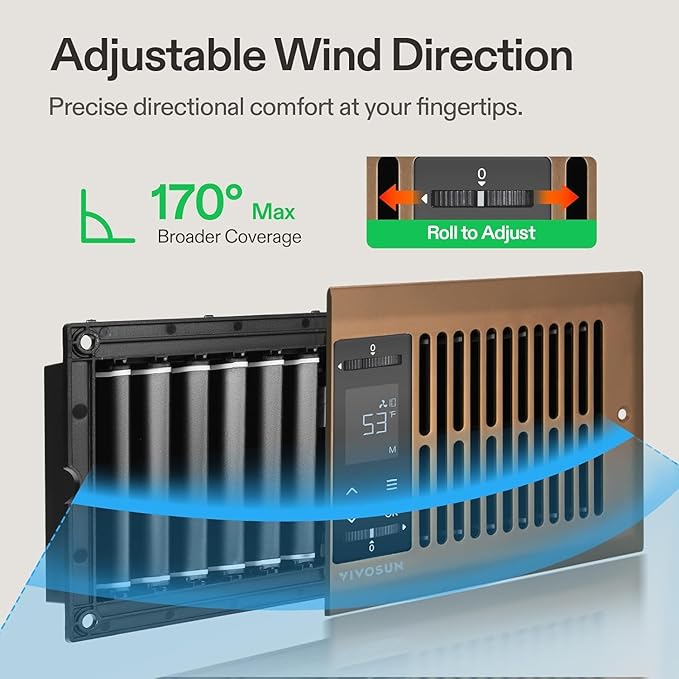 VIVOSUN Quiet Register Booster Fan for 𝟒" 𝐱 𝟏𝟎" Holes, Cooling Heating Vent Fan with 10-Speeds App Control &Adjustable Wind Direction, Thermostat Control for Bedroom, Bathroom &Attic, Brown