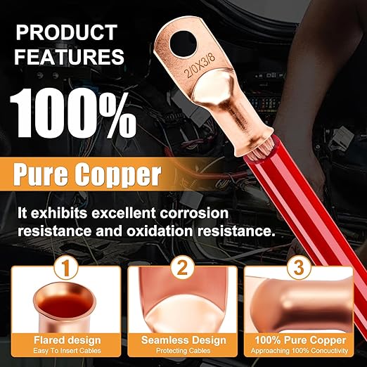 mankk 230PCS Copper Wire Lugs AWG 1 2 4 6 8 1/0 2/0 Gauge Battery Terminal Connectors Battery Cable Ends Connectors Copper Ring Terminal Kit with 3:1 Heat Shrink Tubing