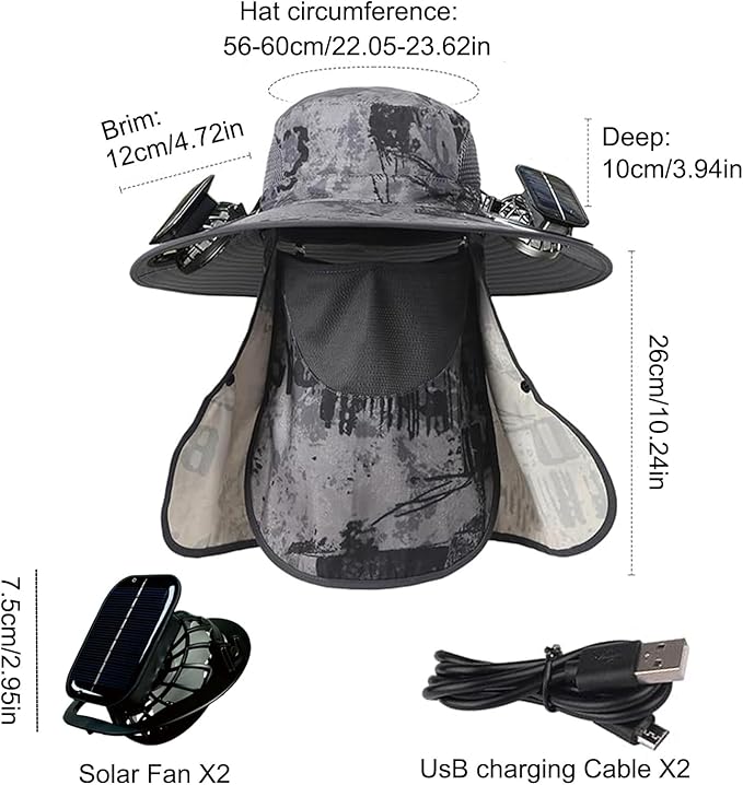 Solar Fan Hat, Wide Brim Solar Fan Outdoor Fishing Hat with Removable Neck Flap and Face Cover for Fishing, Hiking, Camping Grey