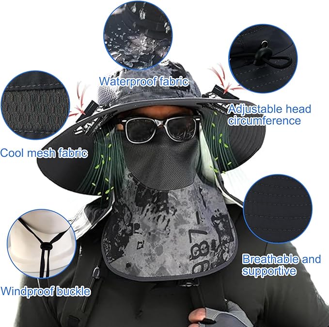 Solar Fan Hat, Wide Brim Solar Fan Outdoor Fishing Hat with Removable Neck Flap and Face Cover for Fishing, Hiking, Camping Grey