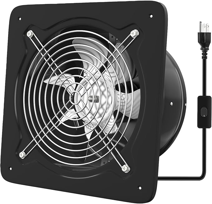 Exhaust Fan Stainless Steel Ventilation Fan with Switch Wall mounted Bathroom fan with check valve for Kitchen, Workshop, Basement (Black, 10 inch)