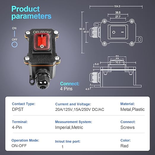 Waterproof On Off Toggle Switch with Red Light Rocker Button Inline Cord Switch DPST AC/DC 20A-125V,16A-250V,30A-24V,35A-12V, IP66