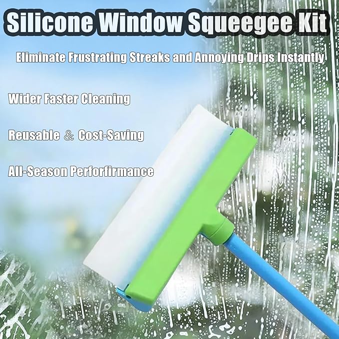 Recyclable Silicone Window Squeegee Kit, Window Cleaning Kit, Glass Cleaning Tools with Silicone Squeegee & Microfiber Scrubber for Shower Glass Mirror Door Car (Blue)