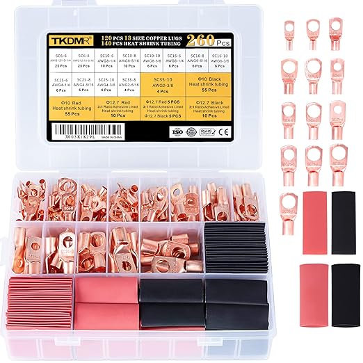 TKDMR 260Pcs Copper Wire Lugs AWG2 4 6 8 10 12 with Heat Shrink Set, 120Pcs Battery Cable Lugs Battery Cable Ends Ring Terminals Connectors with 140Pcs Heat Shrink Tubing Assortment Kit