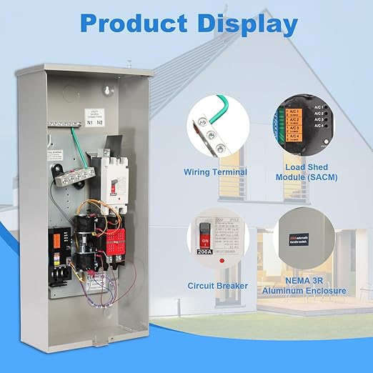 200 Amp Automatic Transfer Switch Generator, Single Phase Transfer Switch with Power Management Replacement for Generac RXSW200A3, NEMA 3R Outdoor Rated Aluminum Enclosure for Indoor and Outdoor Use