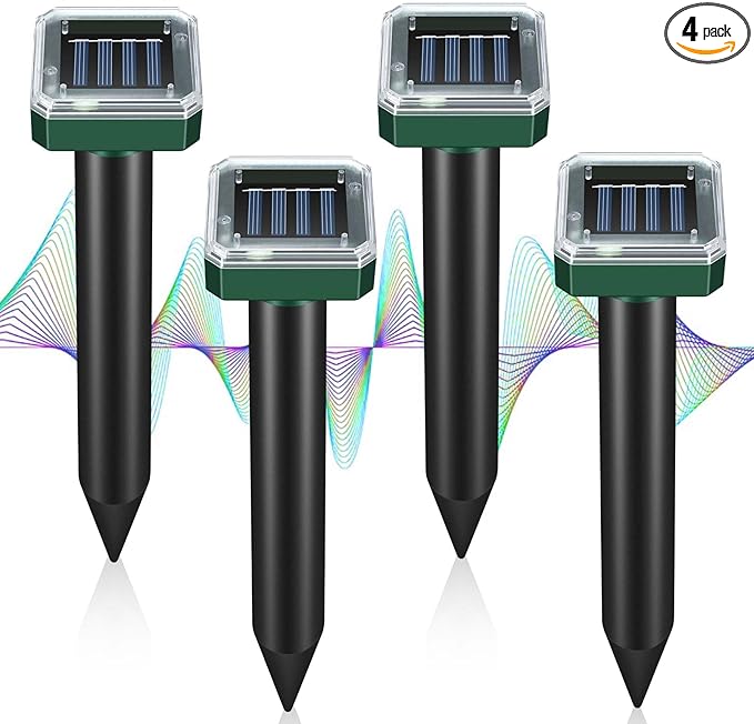 Mole Repellent Solar Powered, Ultrasonic Repeller 4-Pack, Waterproof Sonic Spikes Gopher Vole Groundhog Snake Chipmunk Mole Deterrent Get Rid of Moles in Your Yard (4)