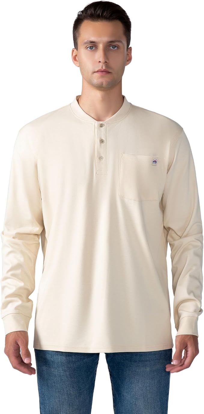 FR Henley Shirts for Men Flame Resistant Lightweight Welding 6.5oz 100% Cotton CAT2 Long Sleeve Fire Retardant FRC Clothing
