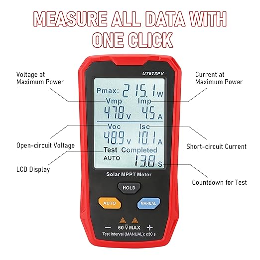 UT673PV Solar Panel Tester, Photovoltaic Multimeter 800W, Solar MPPT Meter with Large Ultra Clear LCD, Smart MPPT Open Circuit Voltage Troubleshooting, Data Test for Photovoltaic Modules