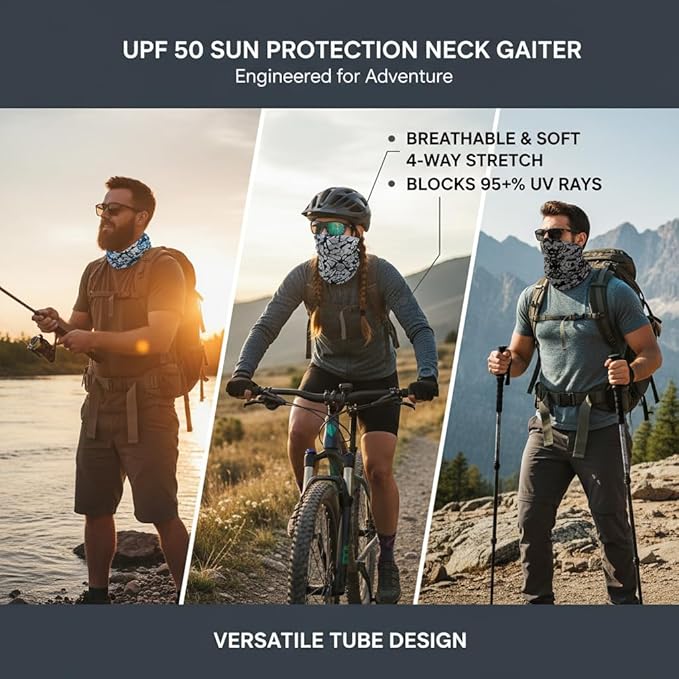 UPF 50 Sun Protection Neck Gaiter - 13-in-1 Multifunctional Face Cover for Hiking, Fishing, Cycling